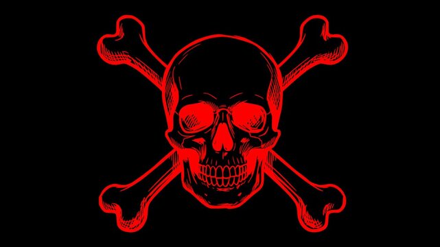 hand drawn skull and crossbones alert animation with transparent alpha channel flashing from neon green to red warning loop for cyber security background and gaming hud element