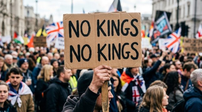Protester holding a "No Kings No Kings" sign amidst a crowd during a demonstration advocating for human rights and political change