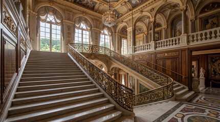 Obraz premium Opulent Imperial Staircase Inside Historic European Palace Featuring Polished Marble And Gilded Luxury Railings Interior