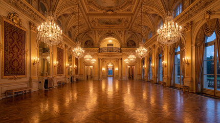 Obraz premium Elegant Grand Luxury Palace Ballroom Featuring Grand Crystal Chandeliers And Highly Polished Vintage Parquet Floors