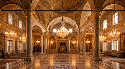 Fototapeta premium Luxurious Ottoman Palace Hall Featuring Gilded Ceilings Grand Marble Columns And Radiant Crystal Chandeliers Interior