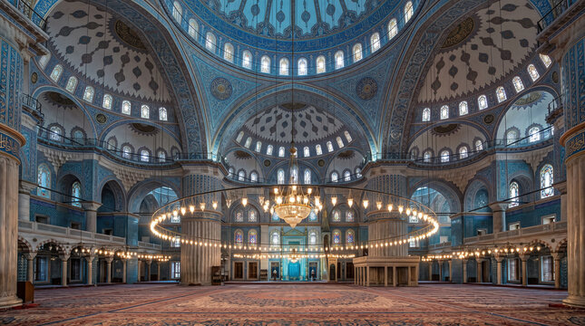 Majestic domed mosque interior design decorated with blue ceramic tiles and glowing cascading chandeliers artwork