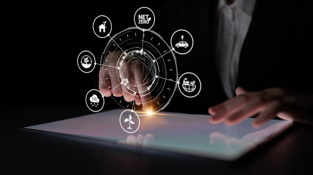 Net zero and sustainability concepts with environmental balance, digital sustainability icons, green energy goals, and eco-conscious digital business transformation for the future. Entice