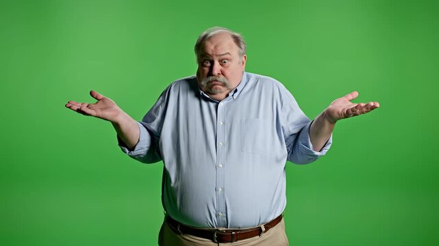 Confused Elderly Man Shrugging Shoulders on Green Screen Background.