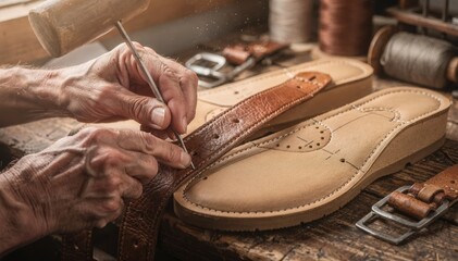 Fototapeta premium Closeup of skilled hands punching holes into leather sandal straps before attaching them securely to cushioned footbeds in a traditional workshop setting.