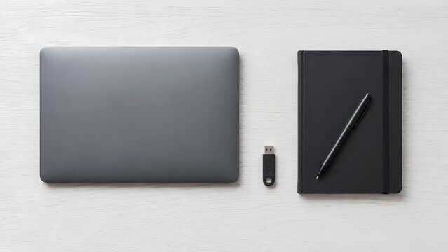 Laptop computer and office supplies on white wooden desk surface