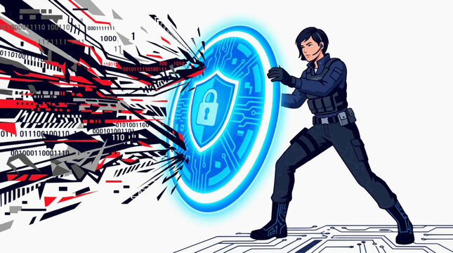 Cybersecurity expert defends against digital attack with glowing shield and binary code
