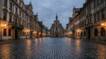 Fototapeta premium Charming Old Town Square With Ornate Building Facades And Wet Stone Pavement Soft Twilight Elegance