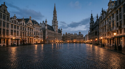 Fototapeta premium Old town square with ornate facades and wet stone pavement glows in soft twilight elegance