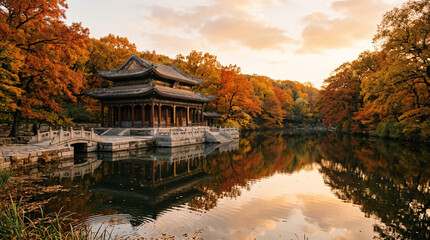 Obraz premium Historic Palace Pavilion Surrounded By Autumn Trees Over Reflective Pond In Warm Amber Light Scenery