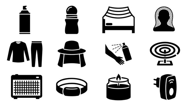 Insect Protection Product and Equipment Silhouette Icon Set