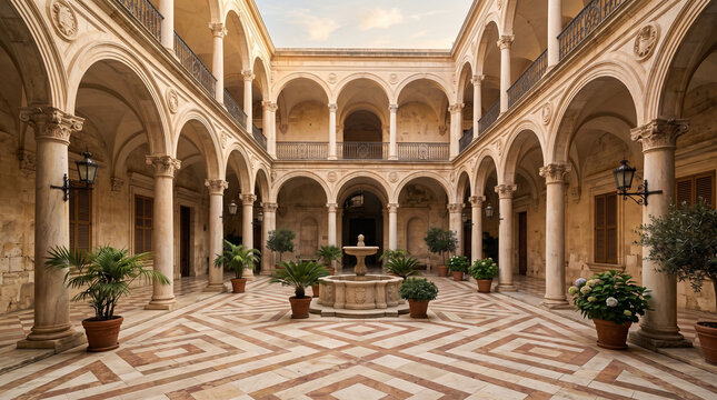 Luxury Marble Courtyard With Arched Colonnades and Geometric Patterned Stone Floor In Gentle Morning Background