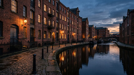 Obraz premium Historic red brick warehouse district beside quiet canal shines under moody dusk lighting for background