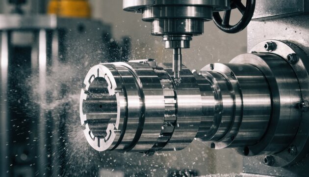 Medium shot of precision machining a highreliability aerospace circular connector with bayonet coupling showcasing intricate metalwork and craftsmanship.
