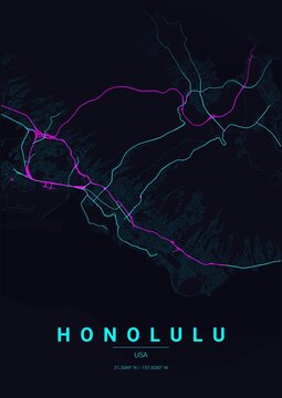 Modern Honolulu City Map Poster Design, Neon Cyberpunk Style Urban Street Grid Cartography