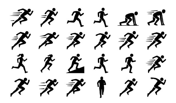 Running man vector icon set with flat black athletic motion symbols on transparent background