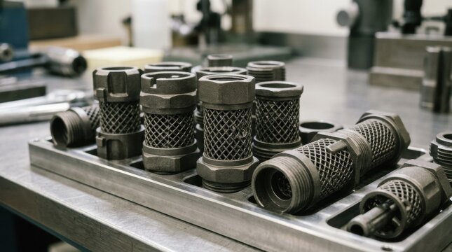 Closeup medium shot of metalprinted custom connector inserts highlighting robust precise detailing and complex lattice structures ideal for industrial applications.