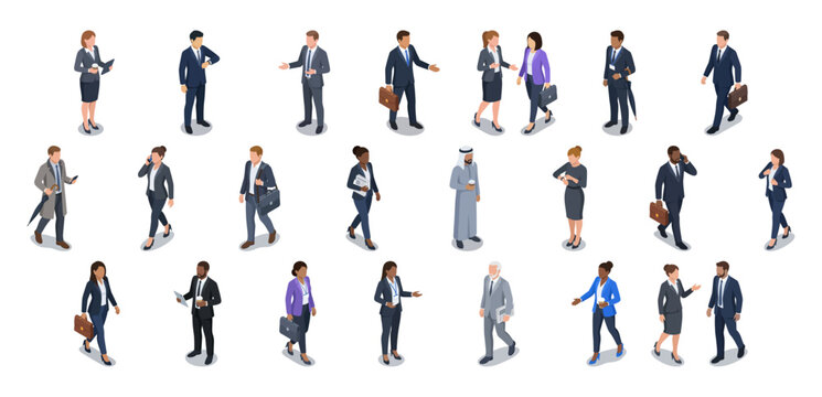Isometric business people set featuring diverse corporate professionals walking and talking | 3D vector icons of office workers in formal suits