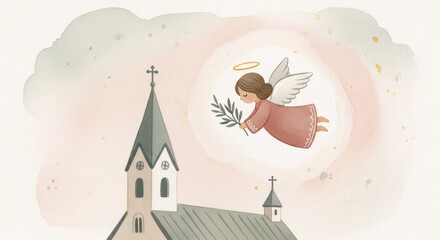 Naklejka premium Flying angel above church watercolor heavenly illustration 