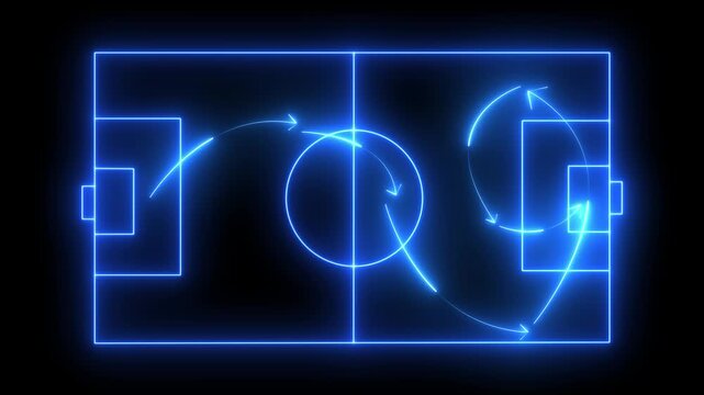 glowing football playground motion graphics,neon football tactics board animation video on black background. futuristic football lineup neon stadium video.