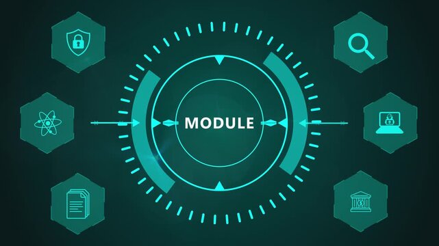 Module Workflow Visualization Featuring Futuristic Circular Analytics Graphics and Interactive Digital Technology Interface on Background