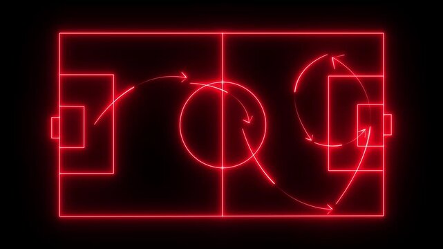 neon football tactics board animation video on black background. futuristic football lineup neon stadium video.abstract soccer tactics hologram background.
