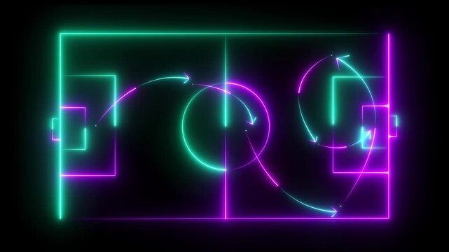  football tactics board animation video in double neon color on black background. futuristic football lineup neon stadium video.digital neon stadium strategy concept.
