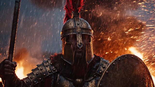Slow motion tracking shot of medieval knight raising spear and shield amid fire rain sparks and smoke on battlefield at dusk