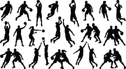 Basketball players black silhouette icons set featuring male and female athletes dribbling shooting jumping blocking and passing in dynamic game action poses © IconicCreations