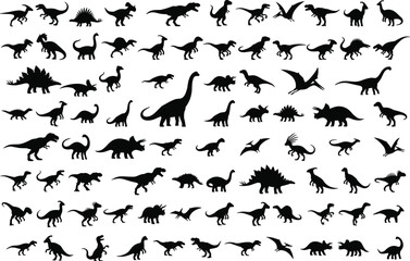 Big collection of dinosaur black silhouettes isolated on white background including T-Rex Stegosaurus Triceratops and Pterodactyl vector illustration © IconicCreations