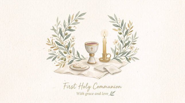 Holy communion symbols with candle watercolor illustration
