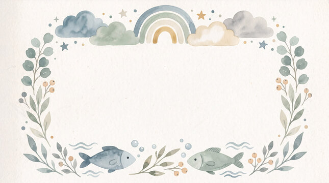 Rainbow and clouds watercolor border illustration
