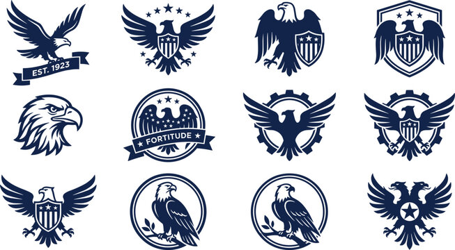 American bald eagle logo design templates set featuring patriotic badges shields stars ribbons and industrial gear elements for military or sports mascots