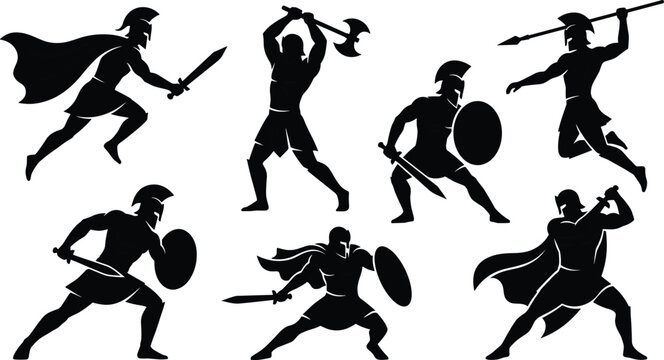 Ancient spartan and gladiator warriors black silhouette icons set featuring greek soldiers with swords shields spears and battle axes in dynamic fighting poses
