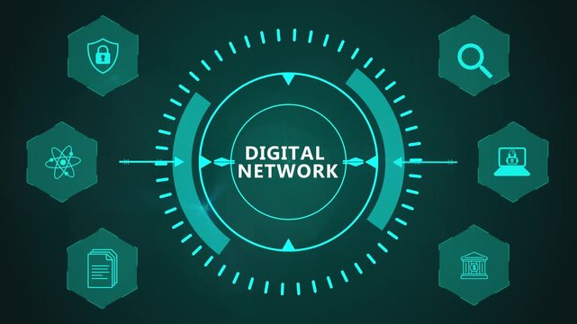 Digital Network Visualization Featuring Futuristic Circular Technology Ring and Smart Enterprise Analytics Elements on Dark Background