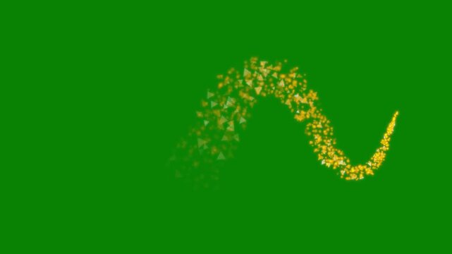 Abstract glowing golden particle wave with sparkling triangle fragments, luxury glitter dust motion, futuristic cinematic shimmer animation on green background