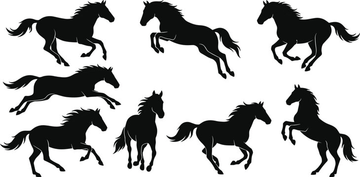 Running and jumping horses black silhouette icons collection set featuring graceful equine movements wild mustangs and stallions isolated on white background