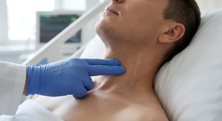 Naklejka premium Medical macro shot of a physician gently pressing on the scm muscle during a thyroid or lymph node exam, perfect for clinical skills training, primary care, and otolaryngology content