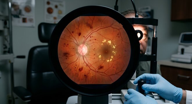 Ophthalmologist using a fundus camera to capture images of a patient's retina, representing diabetic retinopathy screening and retinal disease detection