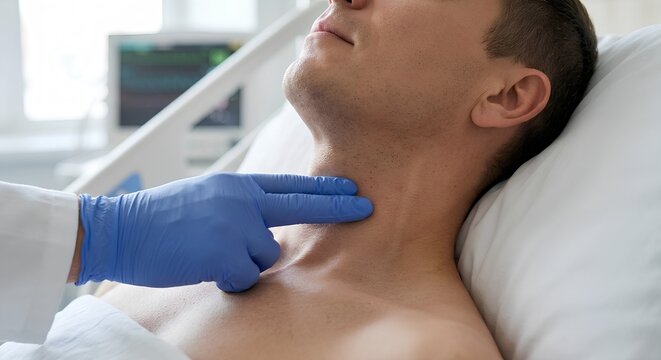 Medical macro shot of a physician gently pressing on the scm muscle during a thyroid or lymph node exam, perfect for clinical skills training, primary care, and otolaryngology content