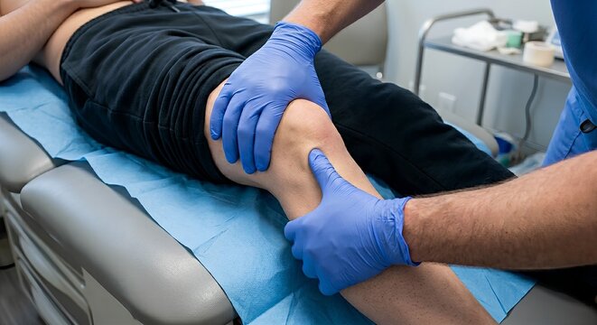 Orthopedic surgeon conducting anterior drawer maneuver on 90-degree flexed knee, perfect for sports medicine education and musculoskeletal diagnostics