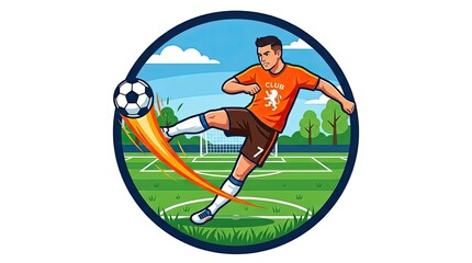 Fototapeta premium Circular logo badge featuring a professional soccer player kicking.