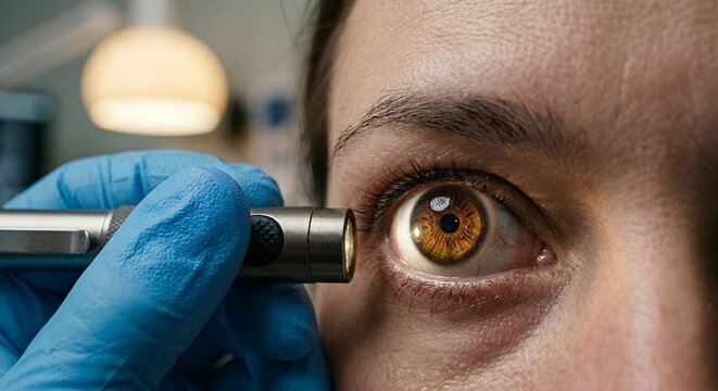 Ophthalmologist or optometrist shining a small penlight into a patient's eye to check pupil response and anterior segment, representing basic eye examination and neurology screening