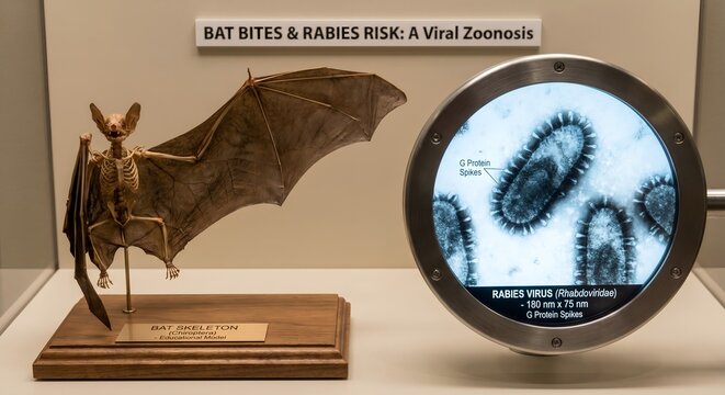 Scientific display featuring a preserved bat skeleton with a circular inset showing bullet-shaped rabies virions, perfect for virology and public health education