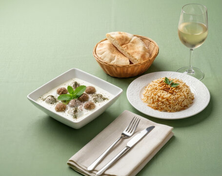 Traditional kibbeh labane with vermicelli rice, pita bread, and a glass of white wine on a green linen background