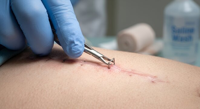 Surgeon using sterile staple remover forceps to extract surgical staples from a healed abdominal incision, representing post-operative care and wound closure management