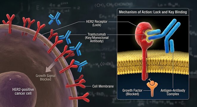 3d scientific diagram of her2 receptor dimerization inhibition by trastuzumab monoclonal antibody, perfect for oncology education, immunotherapy, and pharmaceutical content