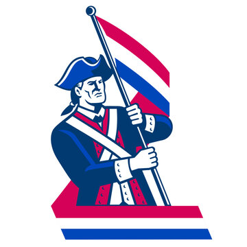 Retro logo style illustration showing an American patriot continental, rebel or minuteman holding and waving red white and blue ribbon flag on isolated white background.