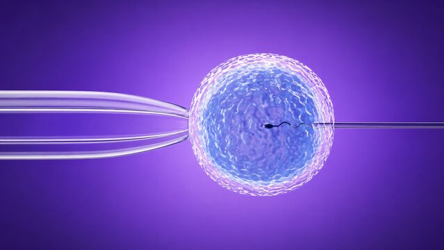 Detailed 4K medical illustration of an IVF ICSI procedure, featuring a holding pipette securing an egg cell while a microscopic needle injects a single sperm.