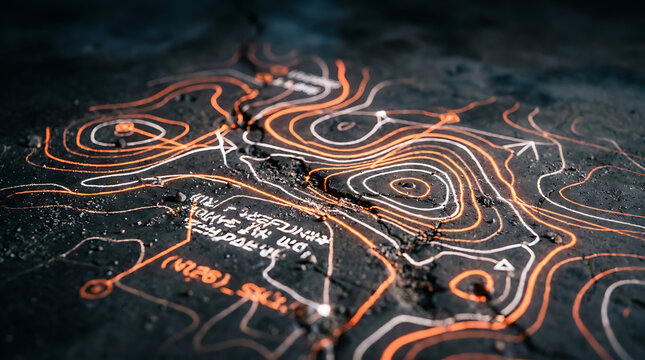Glowing orange and white data lines dynamically projected onto a cracked dark surface, forming a futuristic navigation map or an advanced interactive information dashboard display